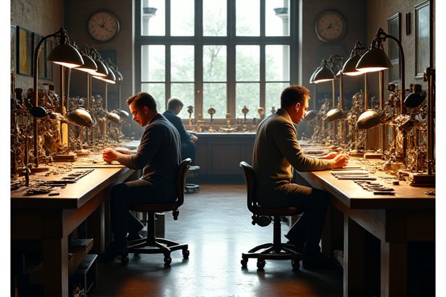 Vue d'ensemble de l'atelier Aiguille d'Or avec des horlogers travaillant sur des montres anciennes