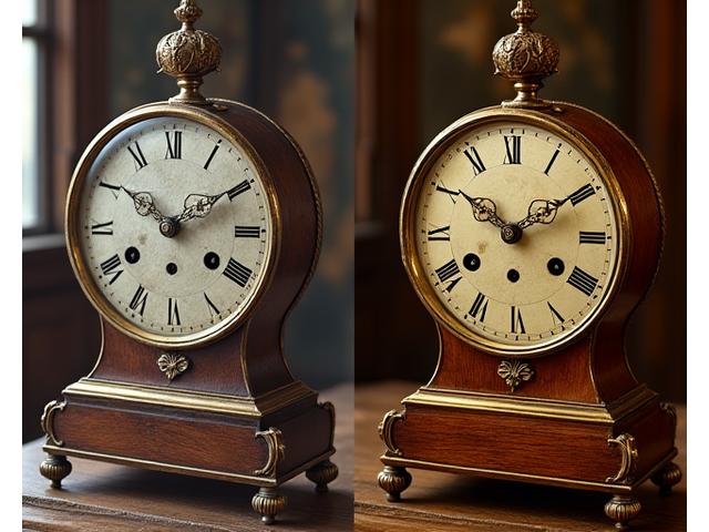 Pendule ancienne restaurée, avant et après